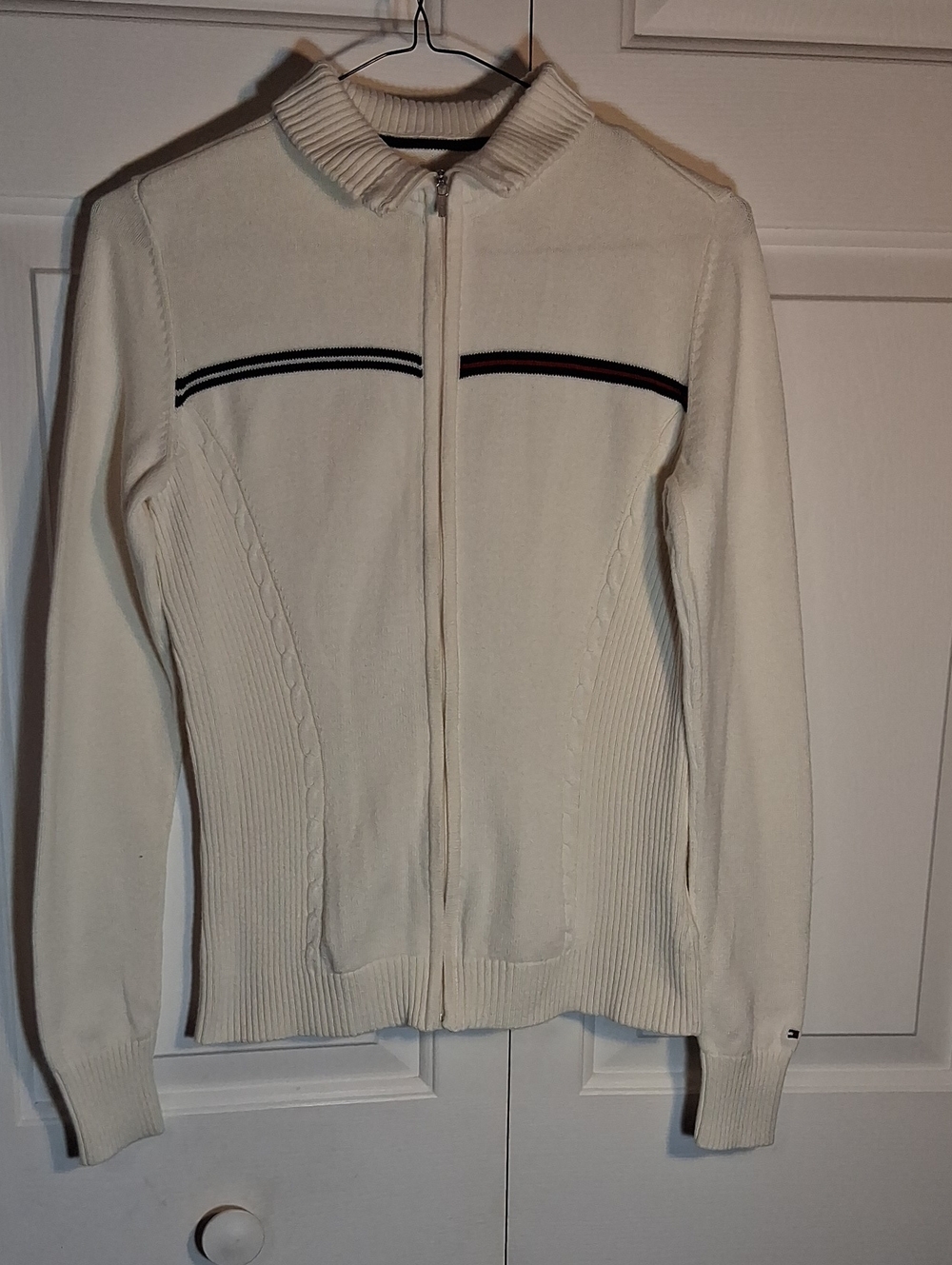 Tommy Hilfiger Cream Zip-Front Knit Sweater with Contrast Chest Stripe